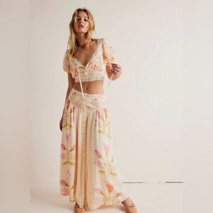 Free People Easy To Love Set Floral Cream flowy Maxi Skirt cropped top corset XS